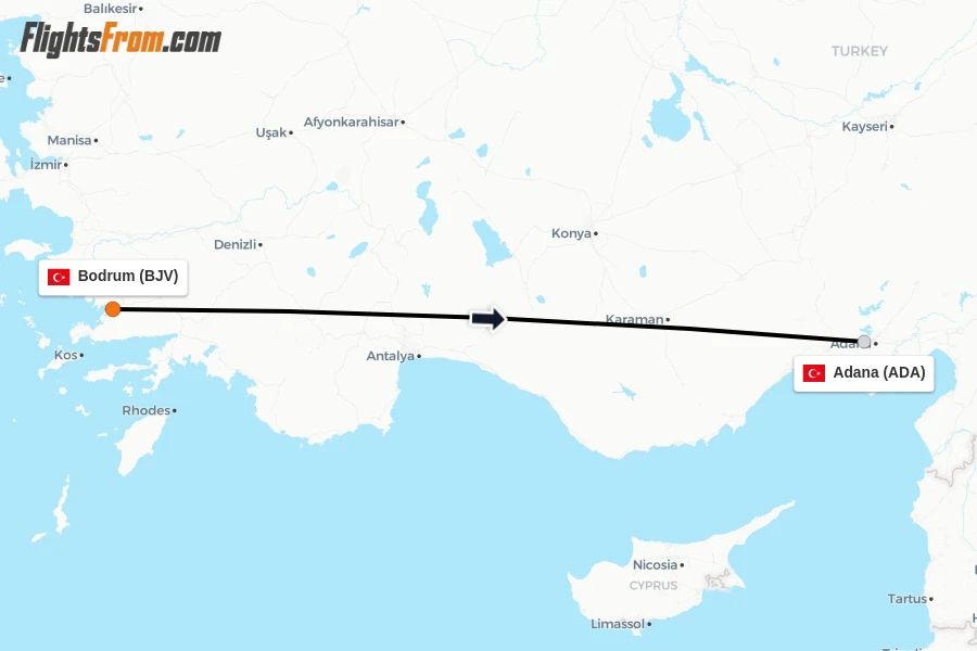 Flights from Bodrum to Adana route map
