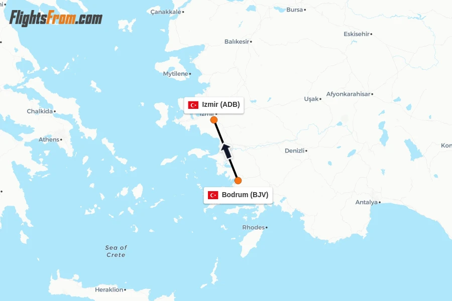 Flights from Bodrum to Izmir route map