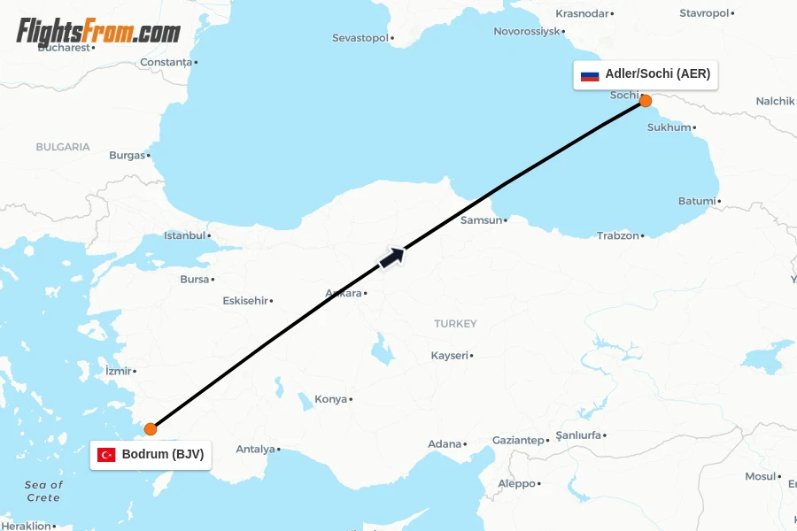 Flights from Bodrum to Adler/Sochi route map