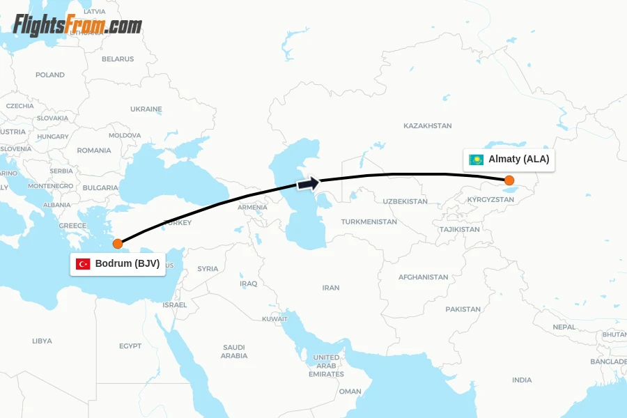 Flights from Bodrum to Almaty route map