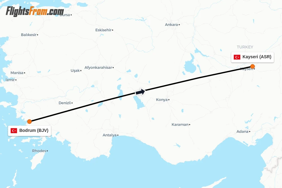 Flights from Bodrum to Kayseri route map