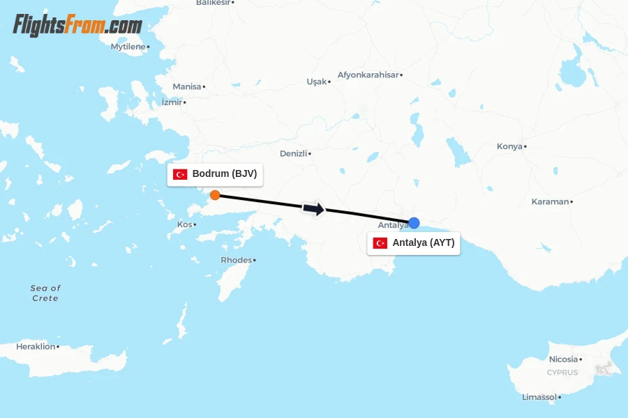 Flights from Bodrum to Antalya route map