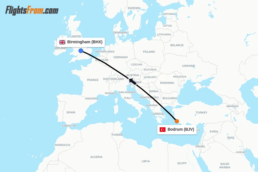 Flights from Bodrum to Birmingham route map