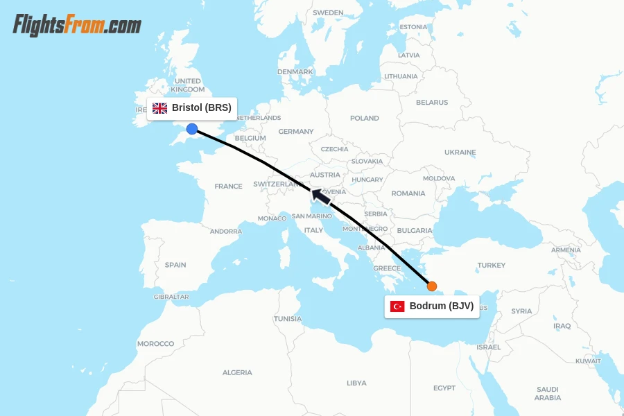 Flights from Bodrum to Bristol route map
