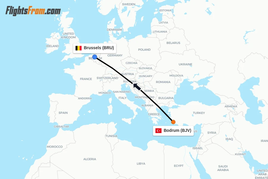 Flights from Bodrum to Brussels route map