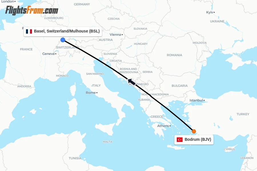 Flights from Bodrum to Basel, Switzerland/Mulhouse route map