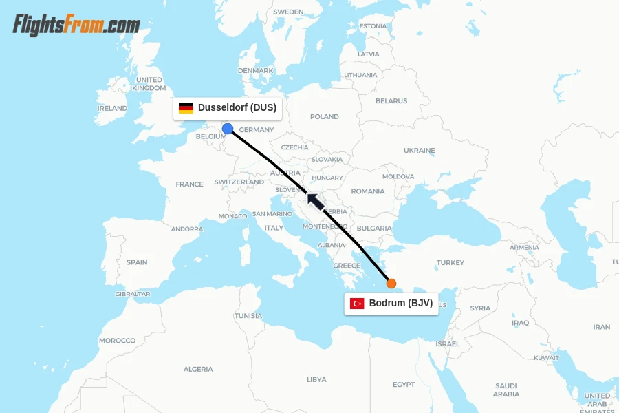 Flights from Bodrum to Dusseldorf route map