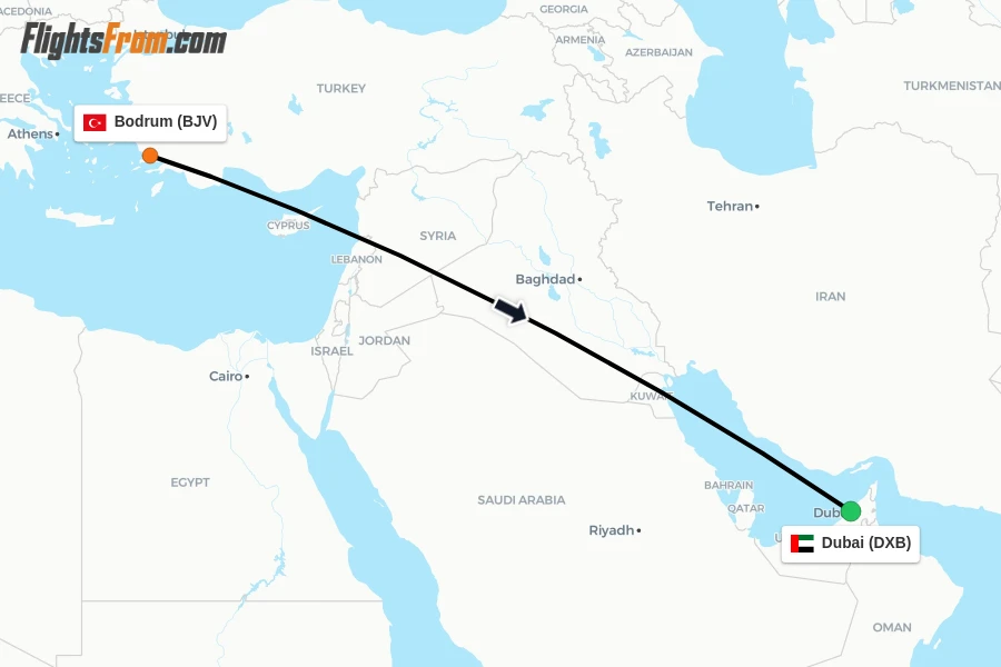 Flights from Bodrum to Dubai route map