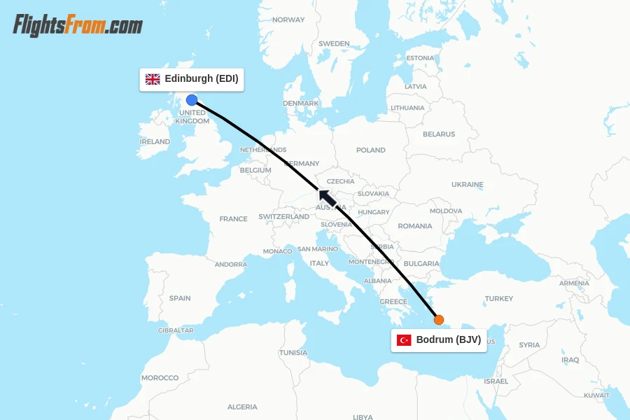 Flights from Bodrum to Edinburgh route map