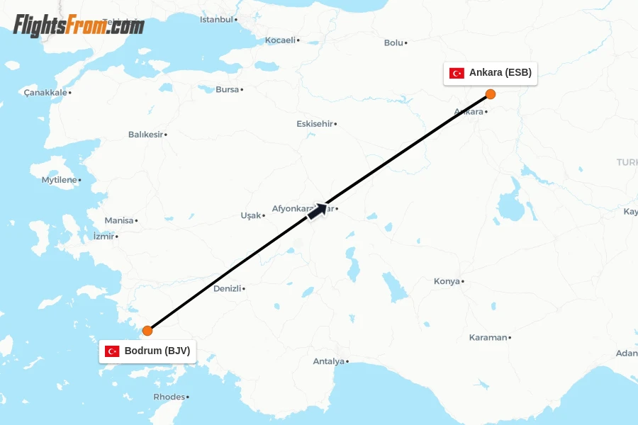 Flights from Bodrum to Ankara route map