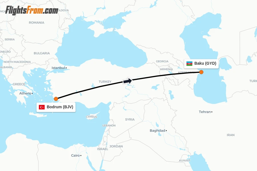 Flights from Bodrum to Baku route map