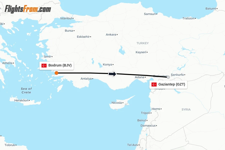 Flights from Bodrum to Gaziantep route map