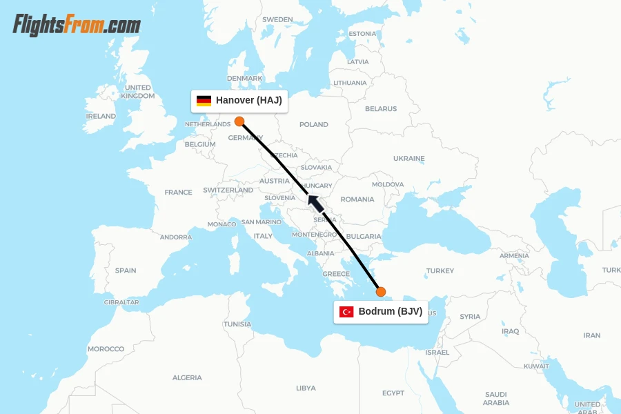 Flights from Bodrum to Hanover route map