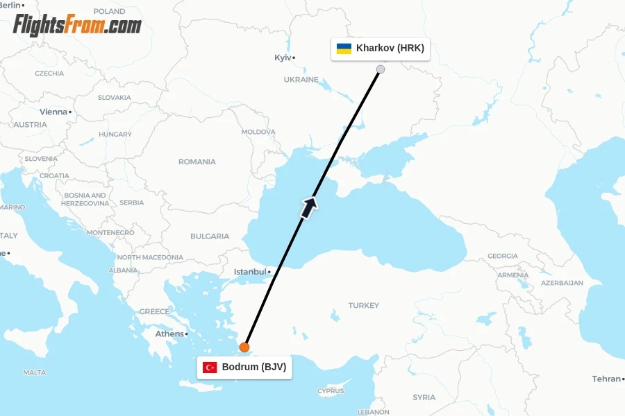 Flights from Bodrum to Kharkov route map