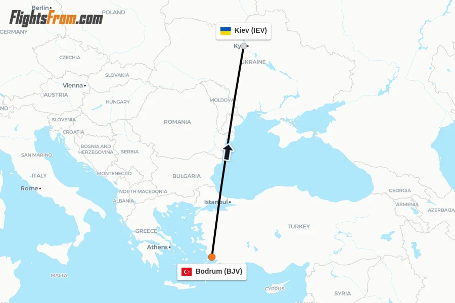 Flights from Bodrum to Kiev route map