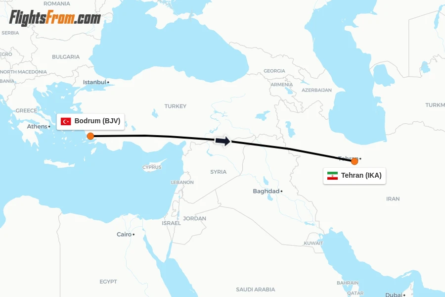 Flights from Bodrum to Tehran route map