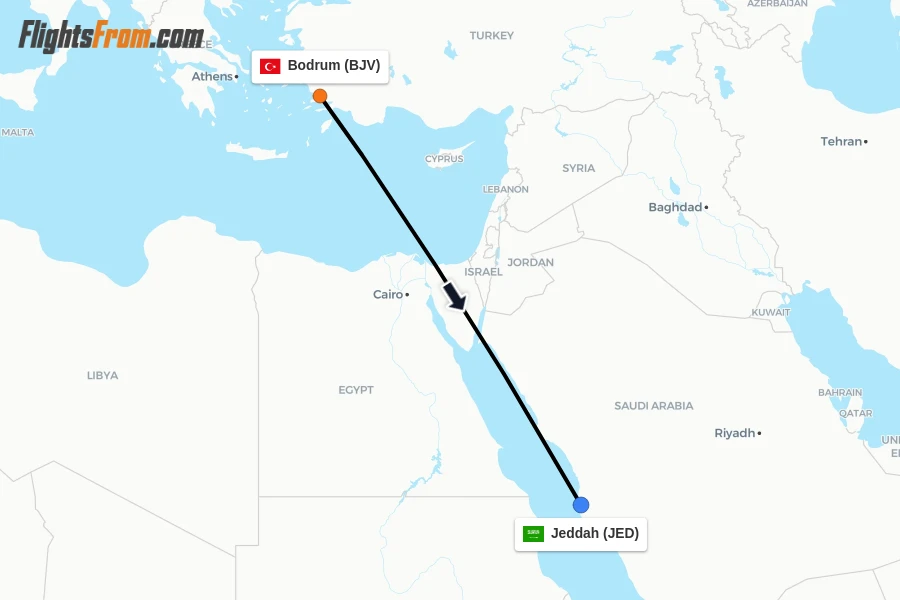 Flights from Bodrum to Jeddah route map