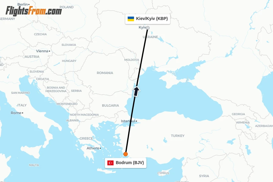 Flights from Bodrum to Kiev/Kyiv route map