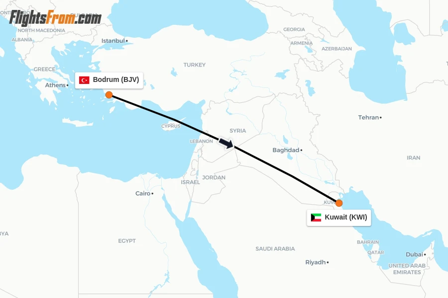 Flights from Bodrum to Kuwait route map