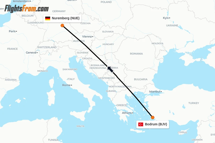 Flights from Bodrum to Nuremberg route map