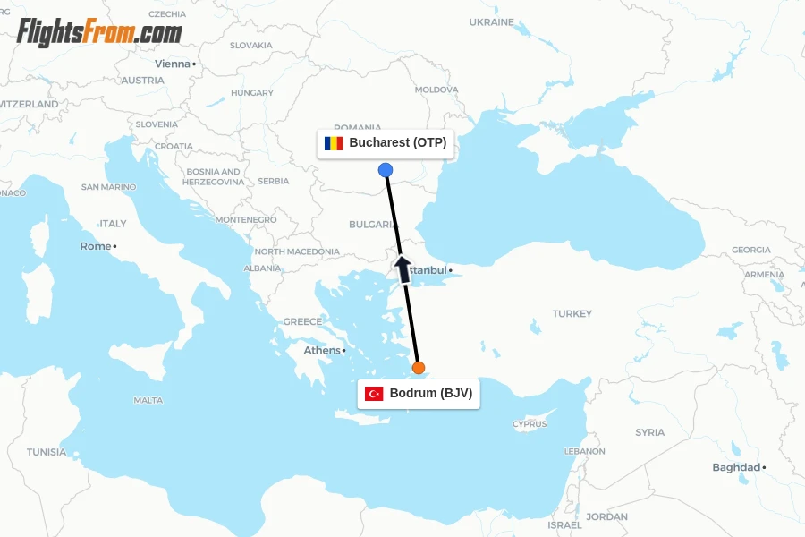Flights from Bodrum to Bucharest route map