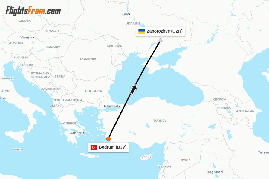 Flights from Bodrum to Zaporozhye route map