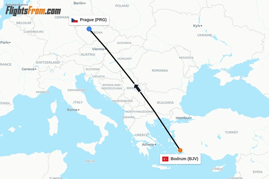 Flights from Bodrum to Prague route map