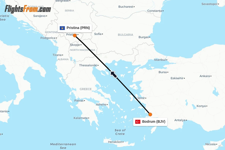 Flights from Bodrum to Pristina route map
