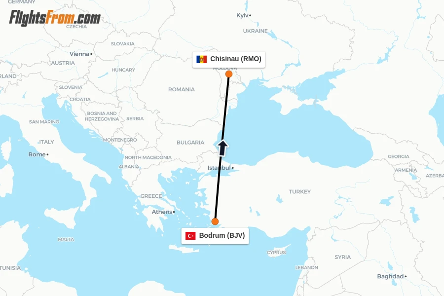 Flights from Bodrum to Chisinau route map
