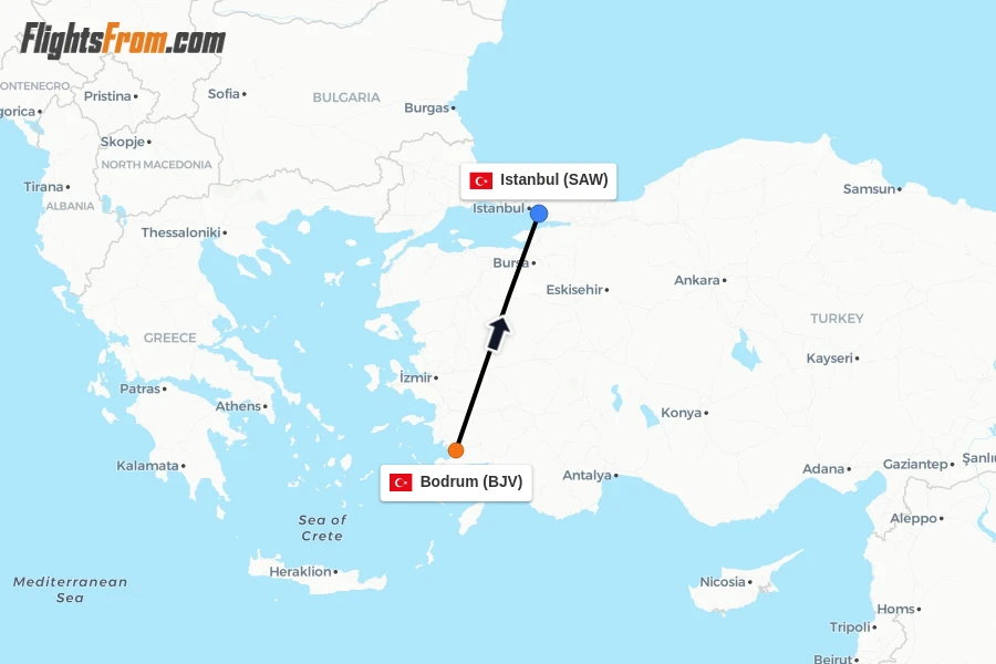 Flights from Bodrum to Istanbul route map