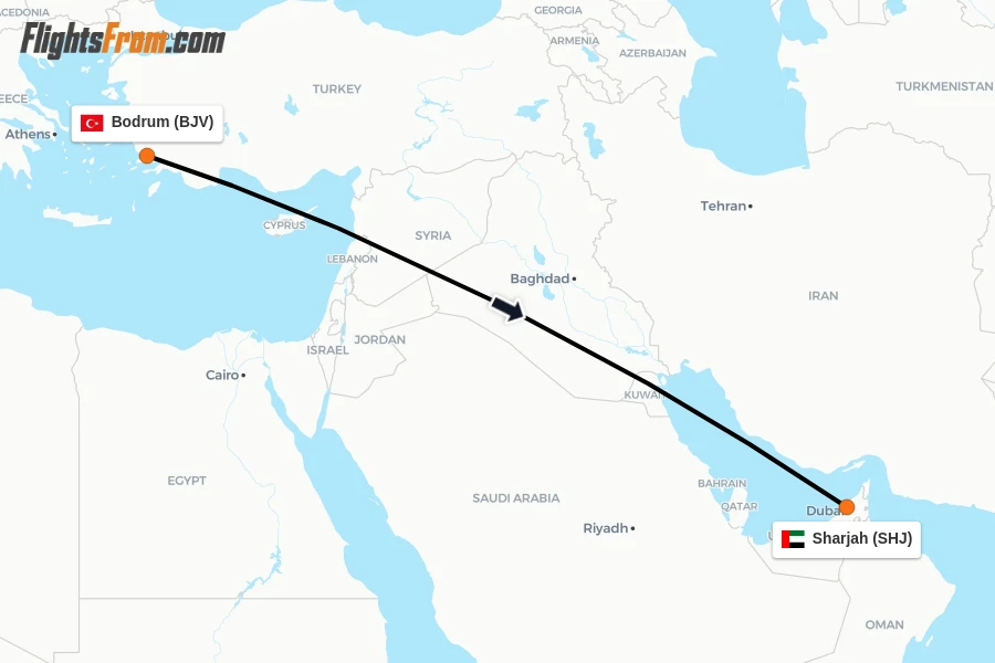 Flights from Bodrum to Sharjah route map