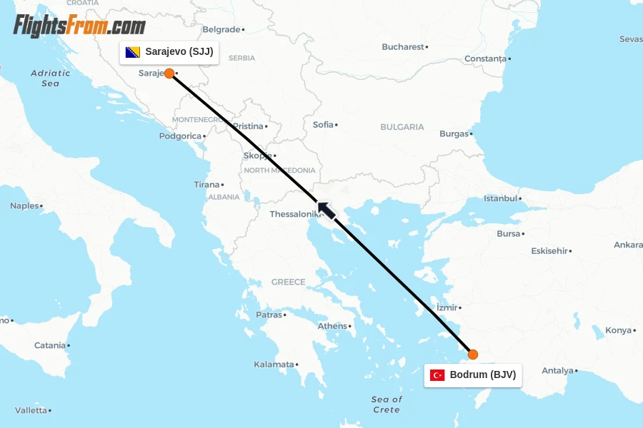 Flights from Bodrum to Sarajevo route map