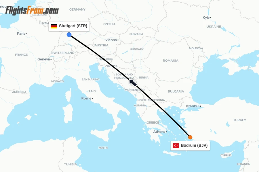 Flights from Bodrum to Stuttgart route map