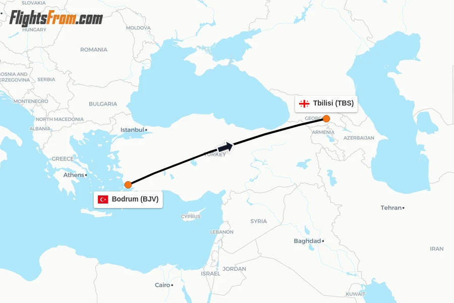 Flights from Bodrum to Tbilisi route map