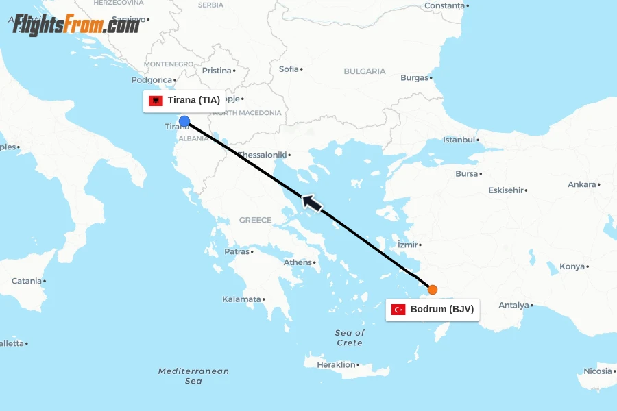 Flights from Bodrum to Tirana route map