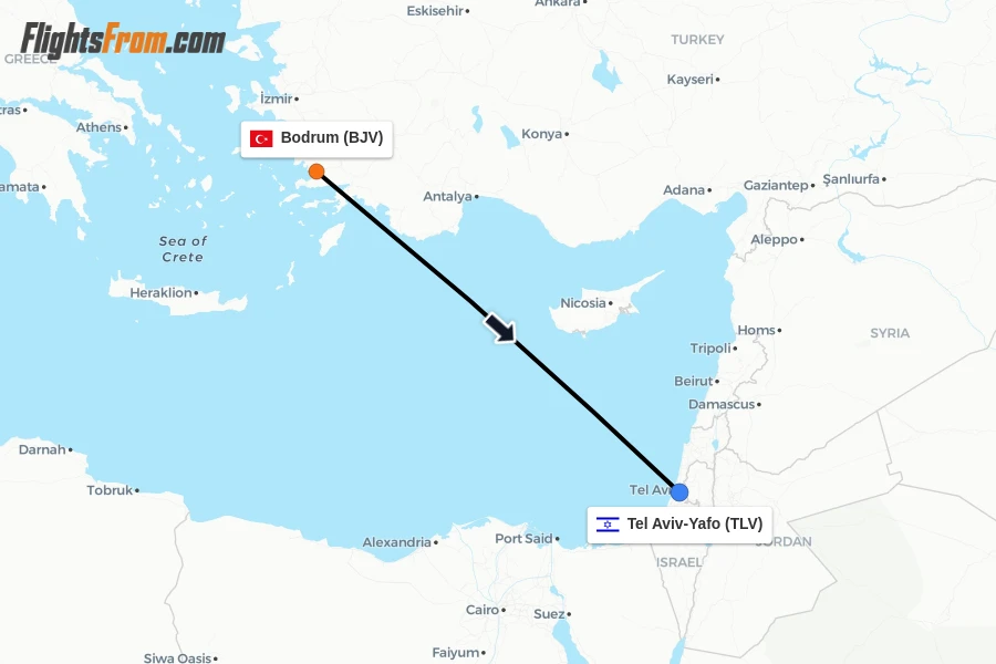 Flights from Bodrum to Tel Aviv-Yafo route map