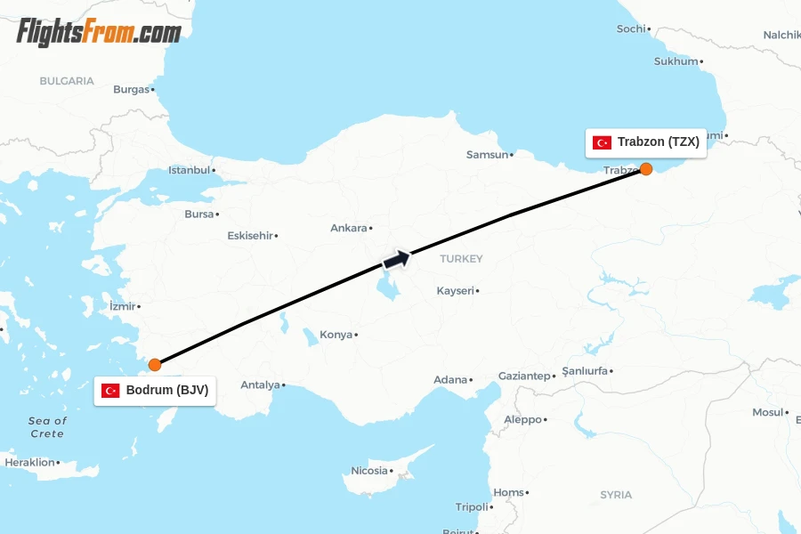 Flights from Bodrum to Trabzon route map