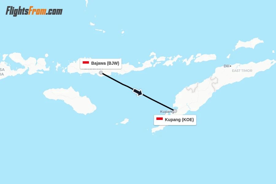 Flights from Bajawa to Kupang route map