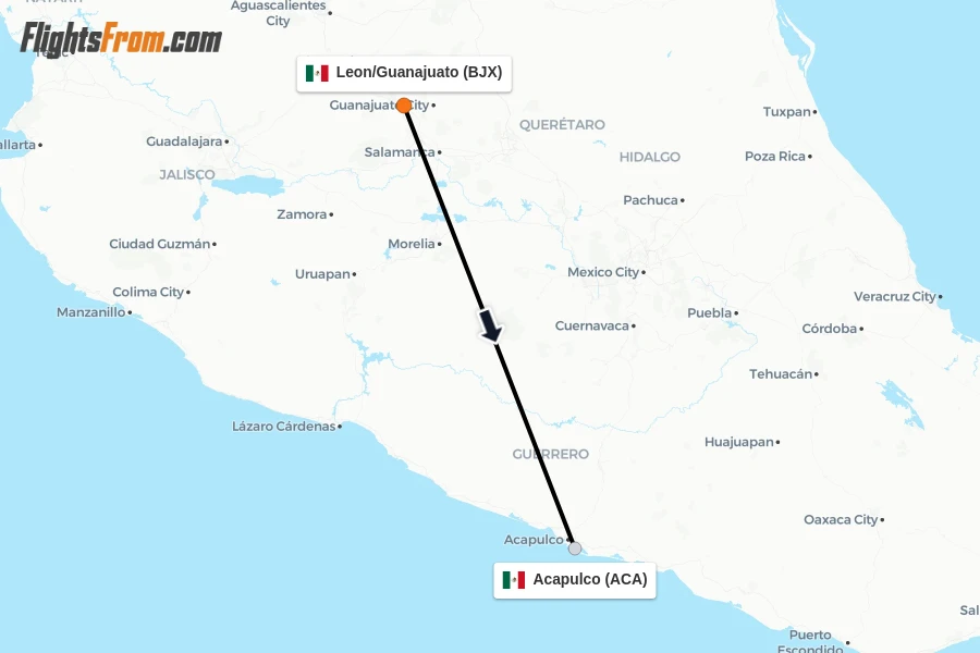 Flights from Leon/Guanajuato to Acapulco route map