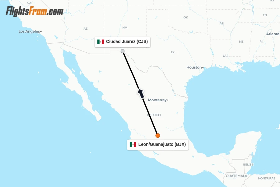 Flights from Leon/Guanajuato to Ciudad Juarez route map