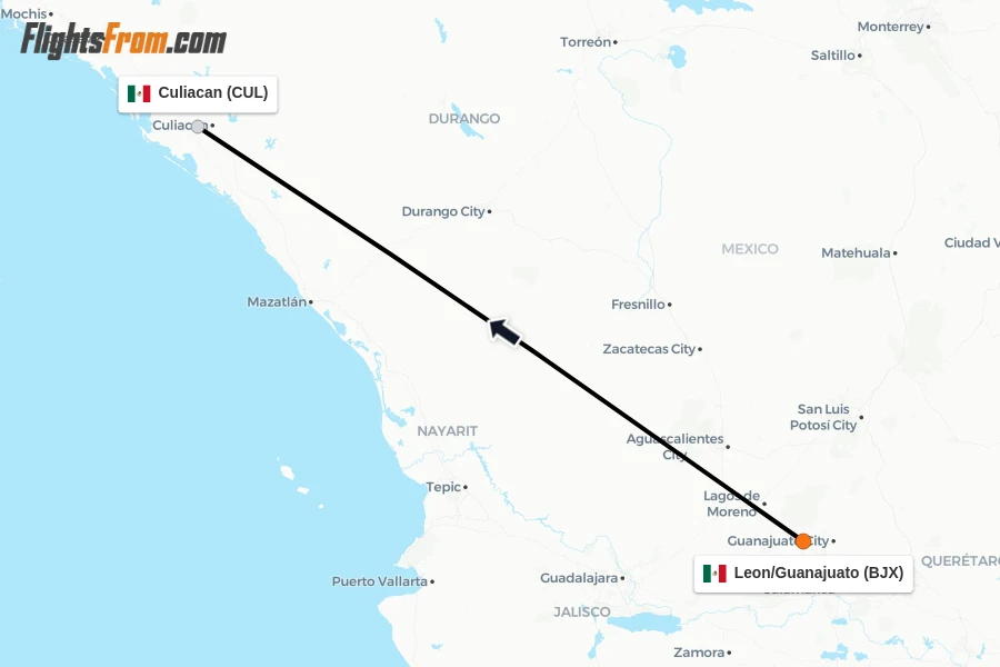 Flights from Leon/Guanajuato to Culiacan route map