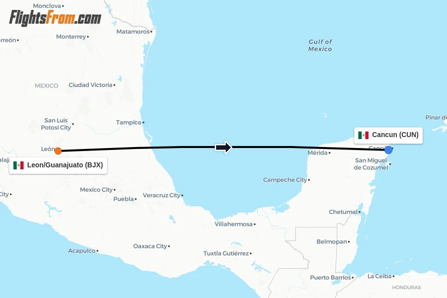 Flights from Leon/Guanajuato to Cancun route map