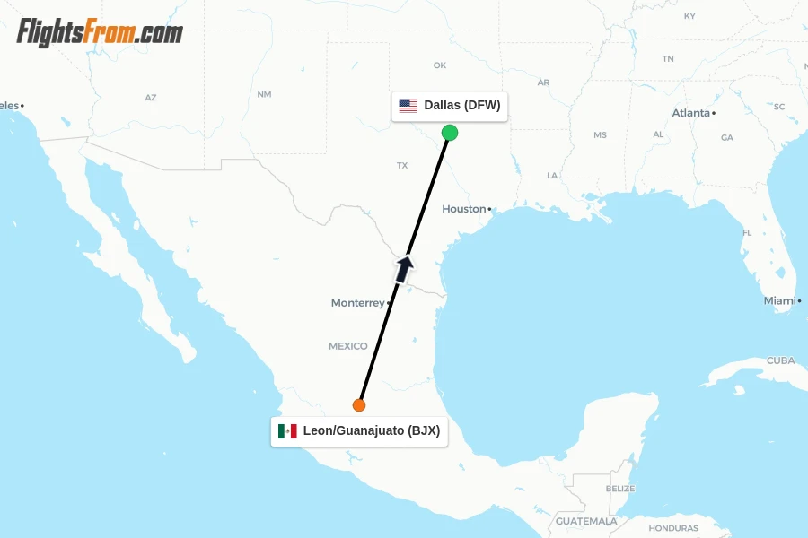 Flights from Leon/Guanajuato to Dallas route map