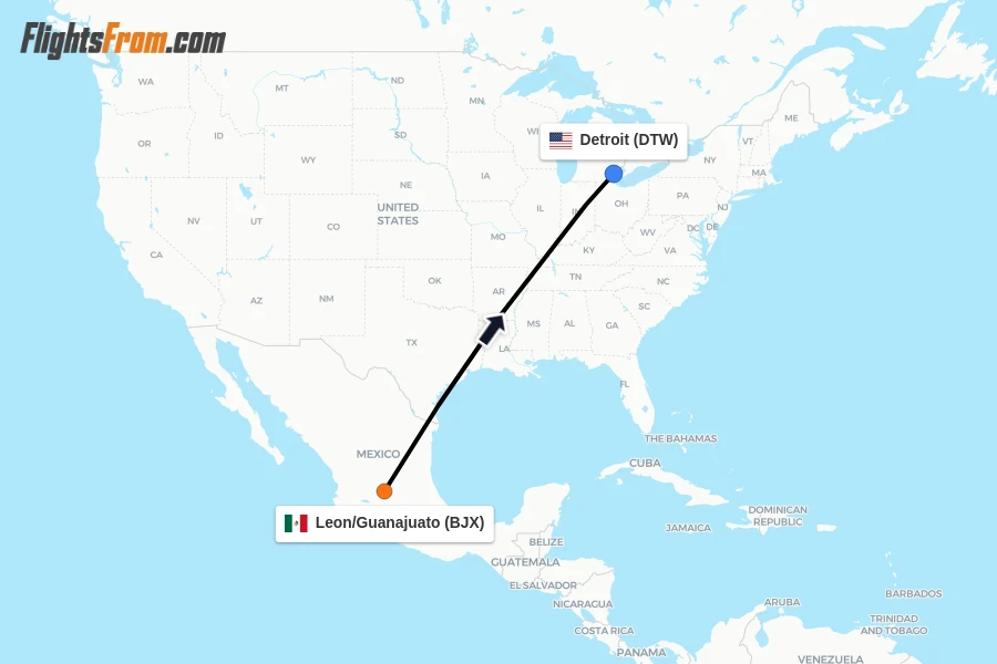 Flights from Leon/Guanajuato to Detroit route map