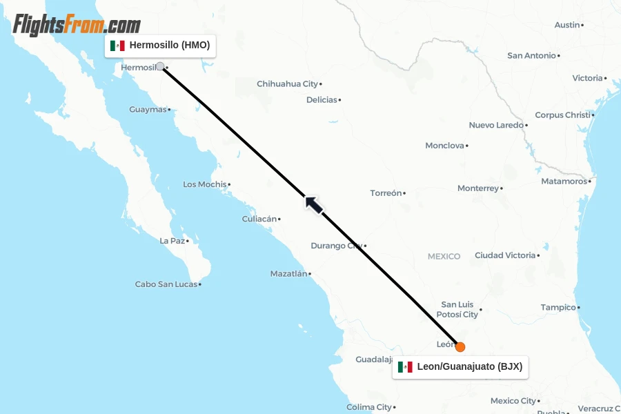 Flights from Leon/Guanajuato to Hermosillo route map