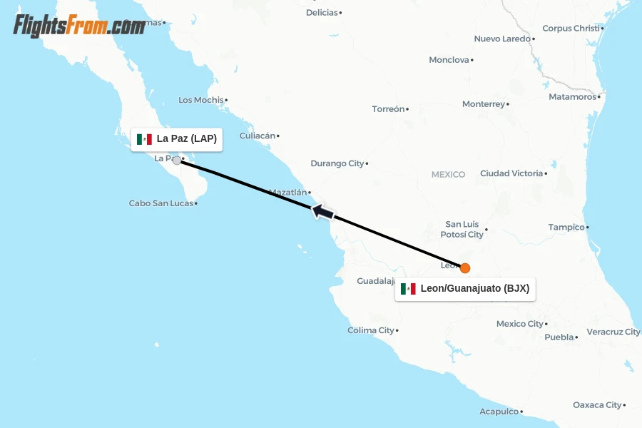 Flights from Leon/Guanajuato to La Paz route map