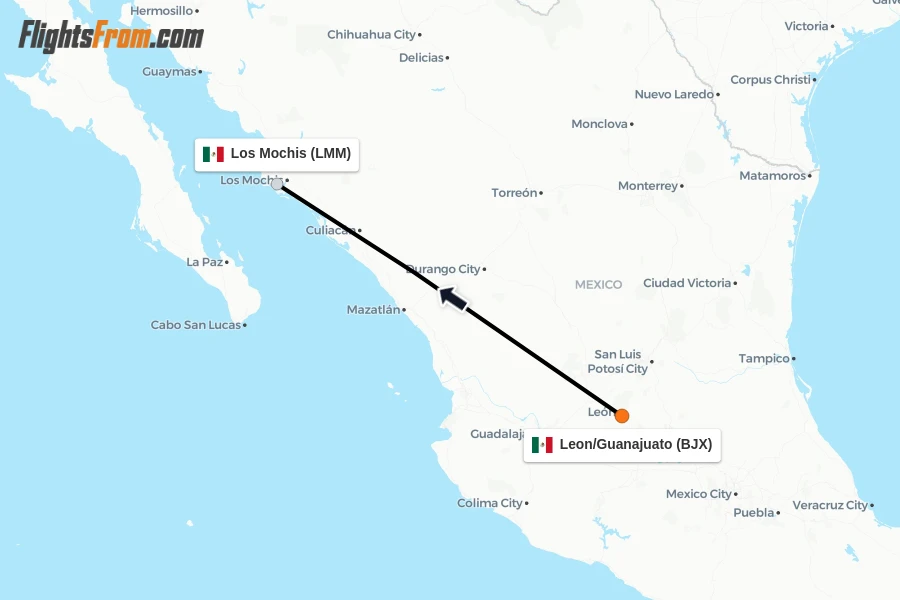 Flights from Leon/Guanajuato to Los Mochis route map