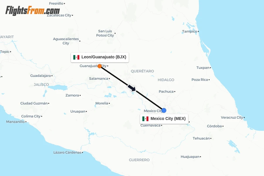 Flights from Leon/Guanajuato to Mexico City route map