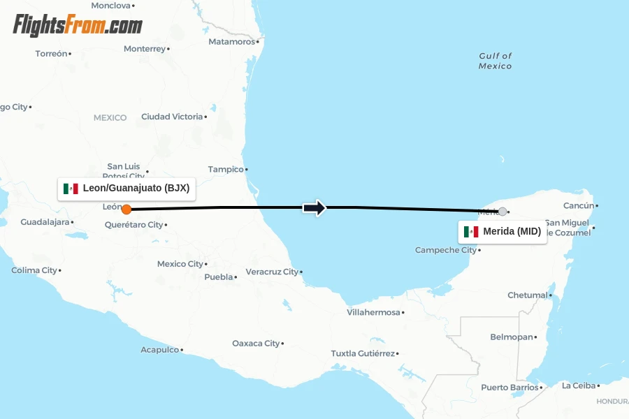 Flights from Leon/Guanajuato to Merida route map