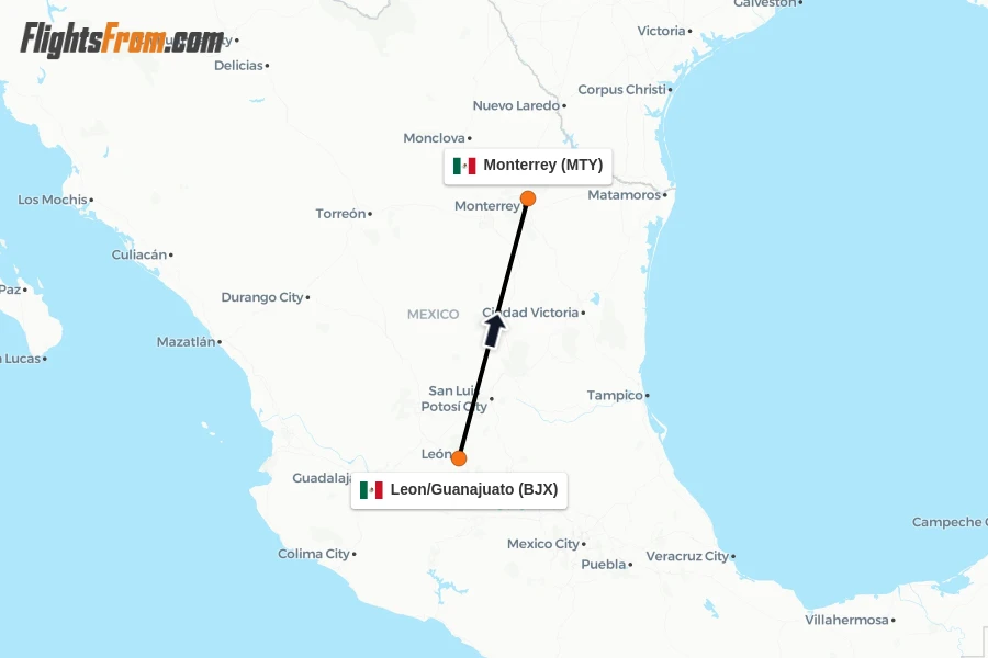 Flights from Leon/Guanajuato to Monterrey route map